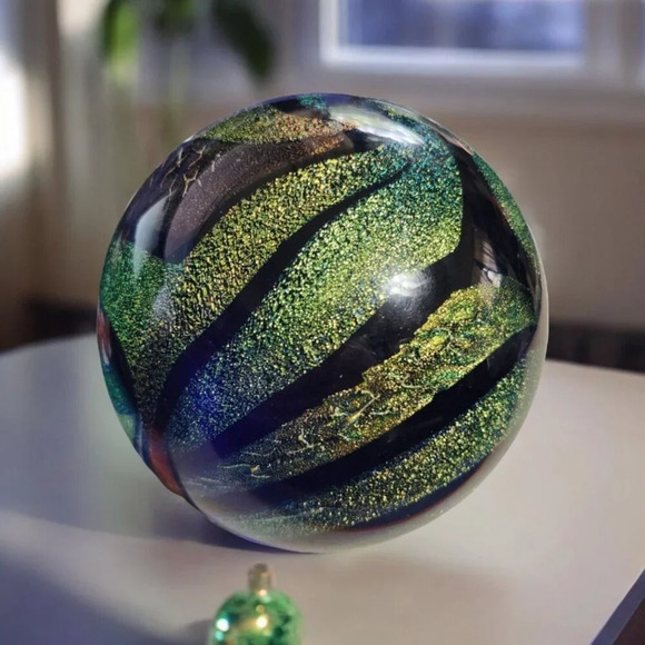 Glass Eye Iridescent Green Blue Gold Swirled Art Glass Paperweight GES 1995 VTG